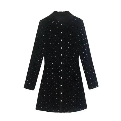 Dot Velvet Mini Dress Turn Down Collar Single Breasted Long Sleeve Skirt Autumn Female Dresses