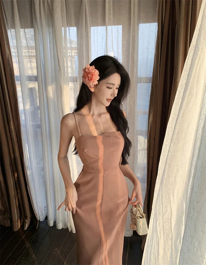 New Midi Dress Summer Spaghetti Strap Pleated Bodycon Party Slim One Piece Clothes Vestidos
