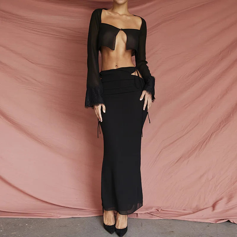 New Female Blouse Gradient Color Longsleeved Blouse Hanging Neck Halter Contrast Color Long Skirt Twopiece Suit