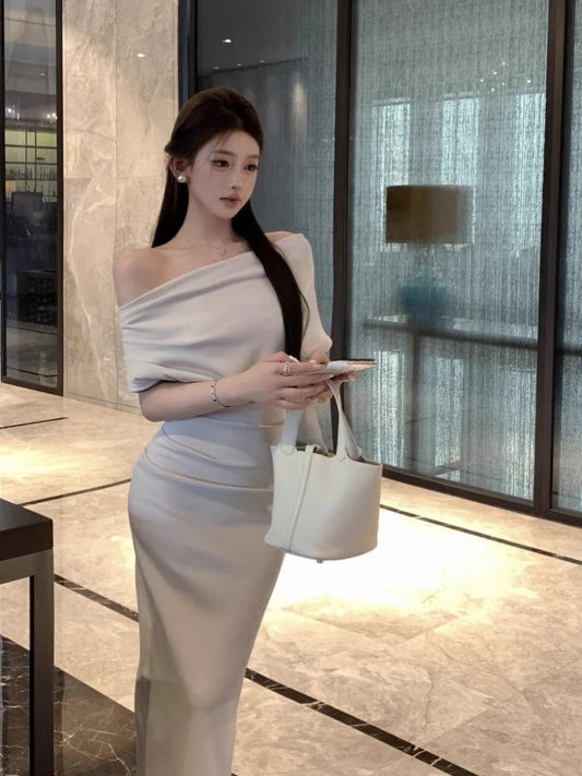 Skew Collar Long Dresses Spring Summer Vestidos Mujer Korean Bodycon Dress