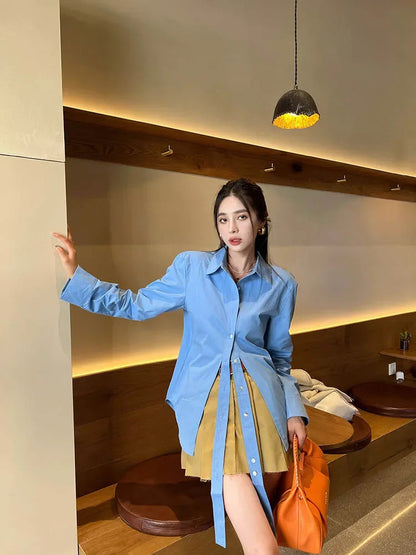 Shirts Tie Long Sleeve French Tops Loose Shirt Button Blouses for Autumn Blue Cotton Top