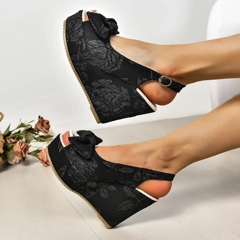 Slope Heel Sandals Female Summer New Bow Embroidery Highheeled Fish Mouth Shoes Thick Bottom Versatile Shoes
