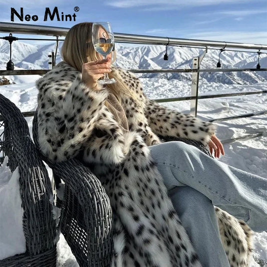 Exclusive Winter Long Belted Leopard Faux Fox Fur Coat Overcoats Stylish Street Fluffy Fox Fur Jacket