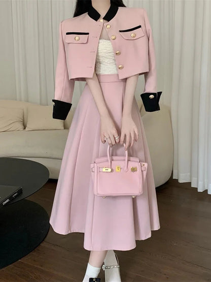 New Small Fragrance Two Piece Set Short Jacket Coat + Long Skirt Suits Korean Ol 2 Piece Sets
