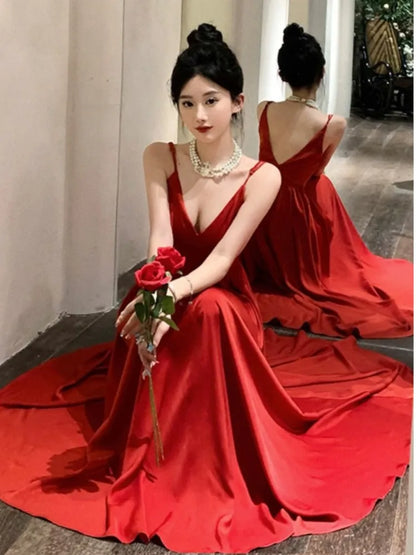 Spaghetti Strap Evening Party Dress V-neck A-line Long Dresses for Wedding Prom Robe One Piece Vestidos