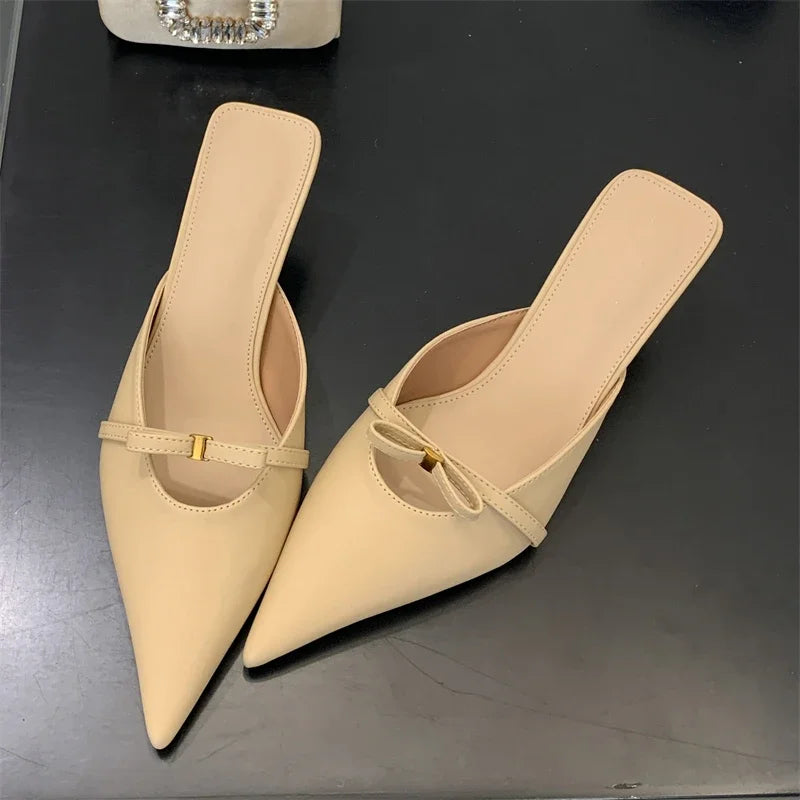 Spring Design Style Butterflyknot Woman Slippers Low Thin Heels Pointed Toe Shallow Mules Shoes