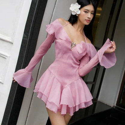 Y2k Pink Ruffles Halter Dress Off Shoulder Long Sleeve Slim a Line Mini Dresses Evening Party Vestidos