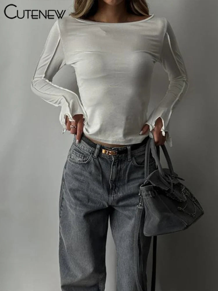 Classic Wild T-shirts Autumn Trend New Full Sleeve O-neck Crop Slim Tees Female Basic Street Daily New Tops