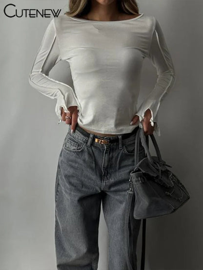 Classic Wild T-shirts Autumn Trend New Full Sleeve O-neck Crop Slim Tees Female Basic Street Daily New Tops