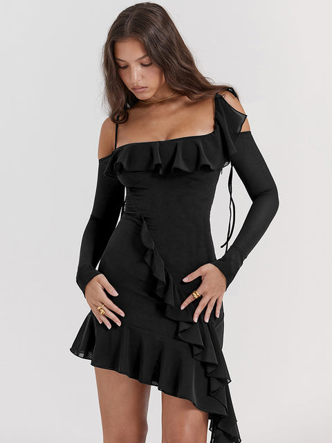 Strap One Line Neck Double Layer Long Sleeve Dress ’s Slim Fit Ruffles Irregular Mini Dress Sweet Party Club