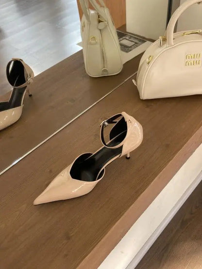 Pointed Heel Sandals Comfort Shoes for Suit Female Beige Black High Leather Low Stiletto Scandals Rubber Fab