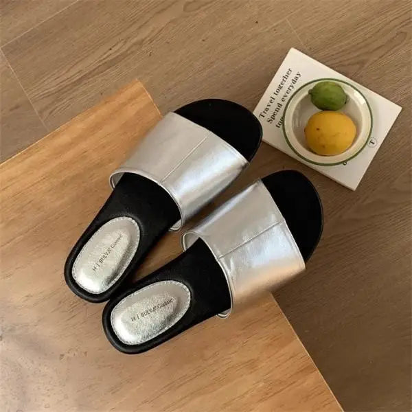 Shoes Slippers Soft Loafers Slides Summer Clogs Woman Comfort Rubber Silver Flat Beach Concise Shoes Silver ' Slip