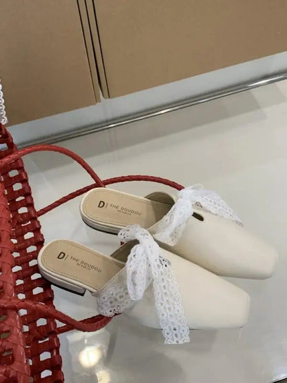 Slippers Flat Shoes Female Lace Beige Heeled Sandals Slides Cover Toe Slipers Mules Butterflyknot Blac