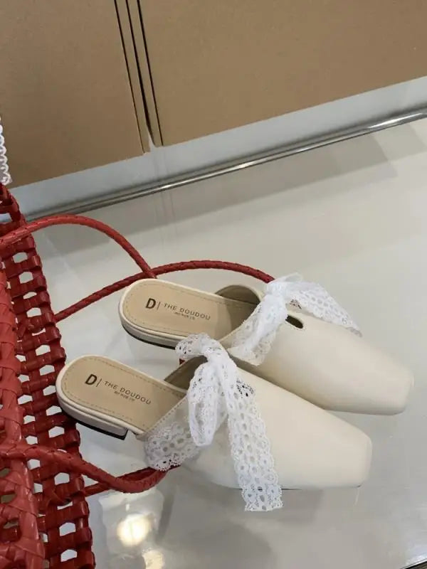 Slippers Flat Shoes Female Lace Beige Heeled Sandals Slides Cover Toe Slipers Mules Butterflyknot Blac