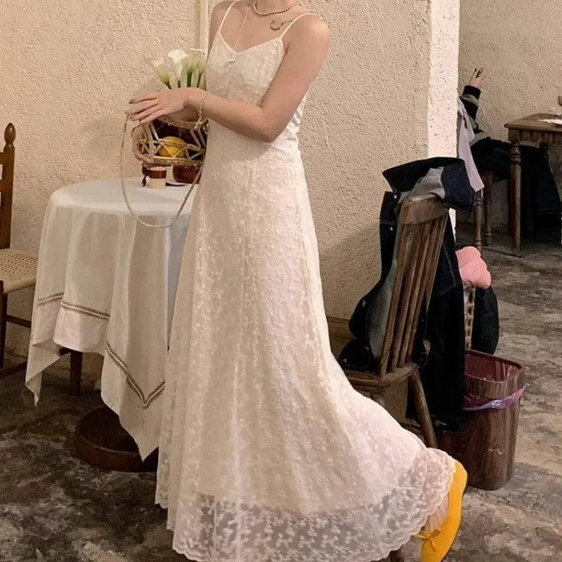 White Lace Long Dresses Aline Spring Summer Korean Dress V Neck Sweet Vestidos Mujer