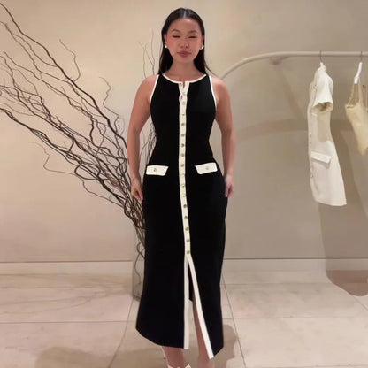 Single Breasted Knitted Maxi Dress O Neck Sleeveless Fake Pockets Dresses New Lady High Street Robes