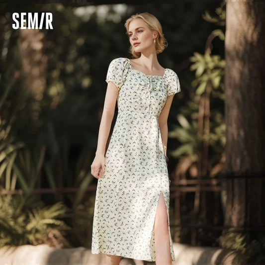 Dress Split Bubble Sleeve Medium Long Dress Summer New Square Neck Chiffon Dress Romantic
