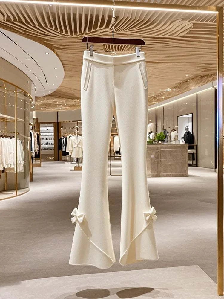 Winter Thick High Waist White Knitted Pants for Korean Sweet Bow Slimming Straight Tube Flare Pants Trousers