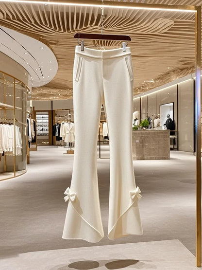 Winter Thick High Waist White Knitted Pants for Korean Sweet Bow Slimming Straight Tube Flare Pants Trousers