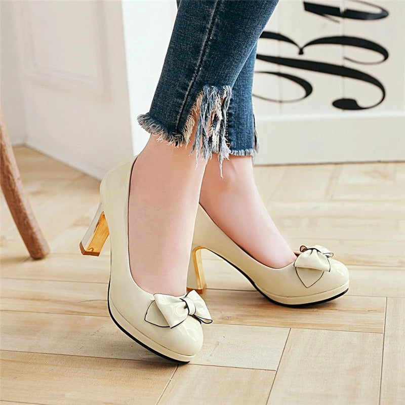 Pumps Round Toe Platform Thick High Heels Bow Shallow Wedding Shoes Spring Autumn Black Beige 43