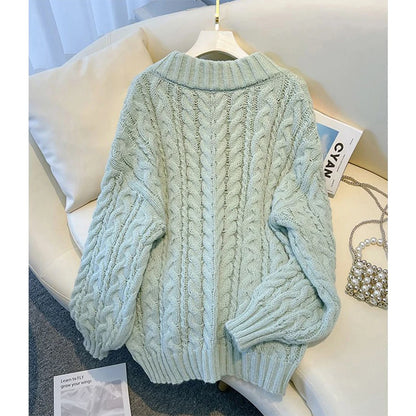 Harajuku Sweater Oversized Pink V Neck Knitted Pullovers Korean Long Sleeve Knitwear Winter Jumpers