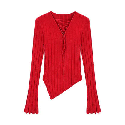 High Street Color Irregular Long Sleeve Sweater Spring New Vneck Laceup Slim Thread Knitted Tops