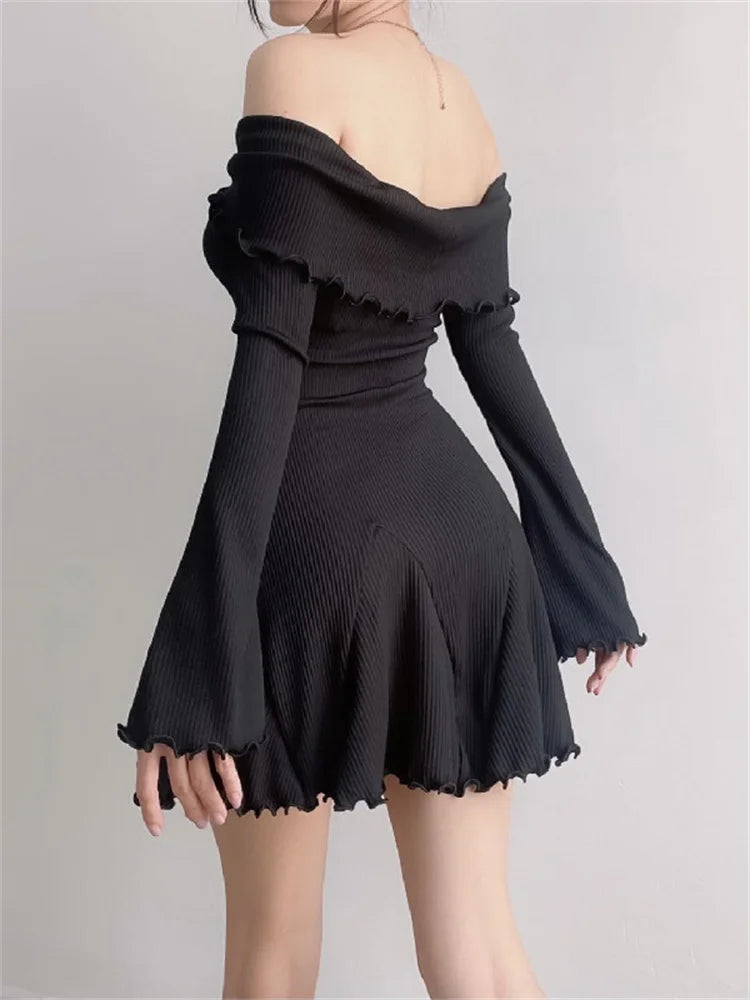 Black Knit Ruffled Mini Dress Patchwork Offshoulder Loose Slim Ribbed Dress Knitwear Clothes Female Dress