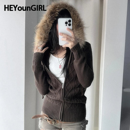 Fur Hooded Cardigan Fall Brown Knitted Zipper Coat Winter Street Outfits Korean Jacket 2000s