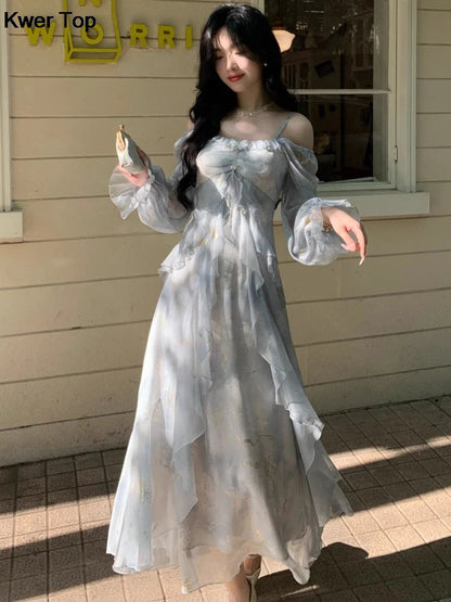 French Print Fairy Long Dresses Autumn New Ruffles Aline Party Birthday Vestidos Female One Piece Clothes