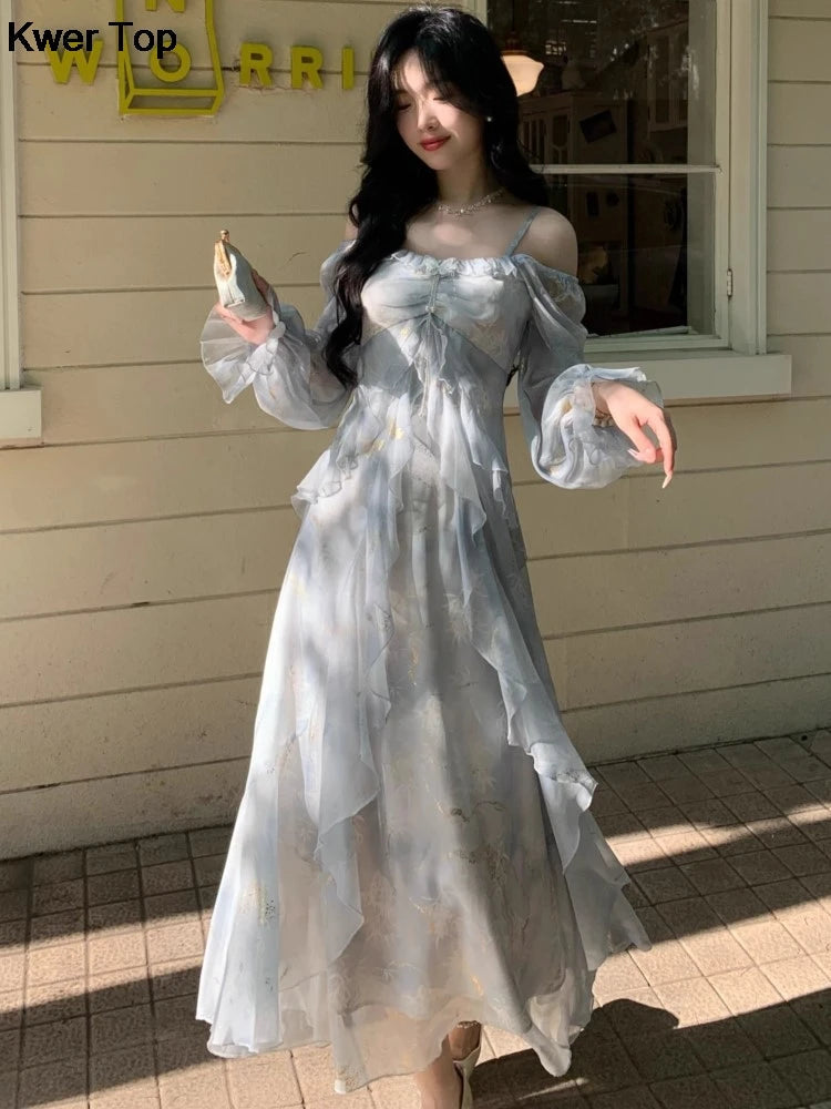 French Print Fairy Long Dresses Autumn New Ruffles Aline Party Birthday Vestidos Female One Piece Clothes