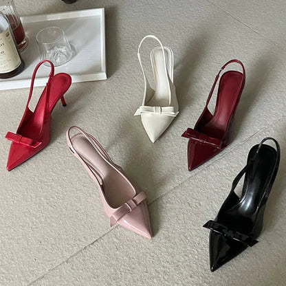 Butterflyknot Slingbacks Pumps Pointed Toe Thin Heels Banquet Prom Shoes Big Size 43