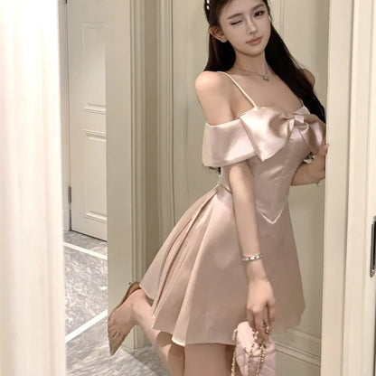 Evening Party Dresses Bow Design Spaghetti Strap Aline Birthday Mini Dress Korean One Piece Vestidos
