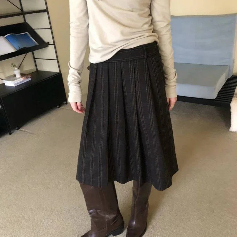 Korean Retro Pleated Loose Kneelength Skirt Spring New High Waist Contrast Color Plaid Tweed Aline Skirt
