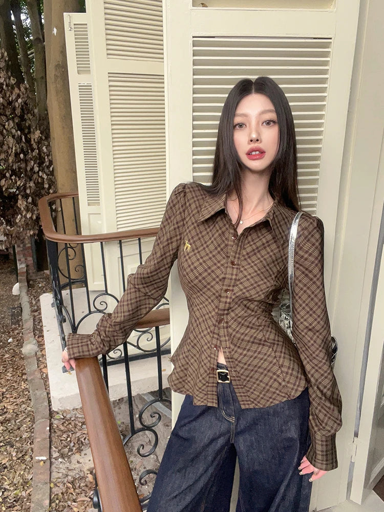 Plaid Shirt Brown Embroidered Waistband Tied Blouse Puff Sleeve Tops Spring Slim Button Up Clothes
