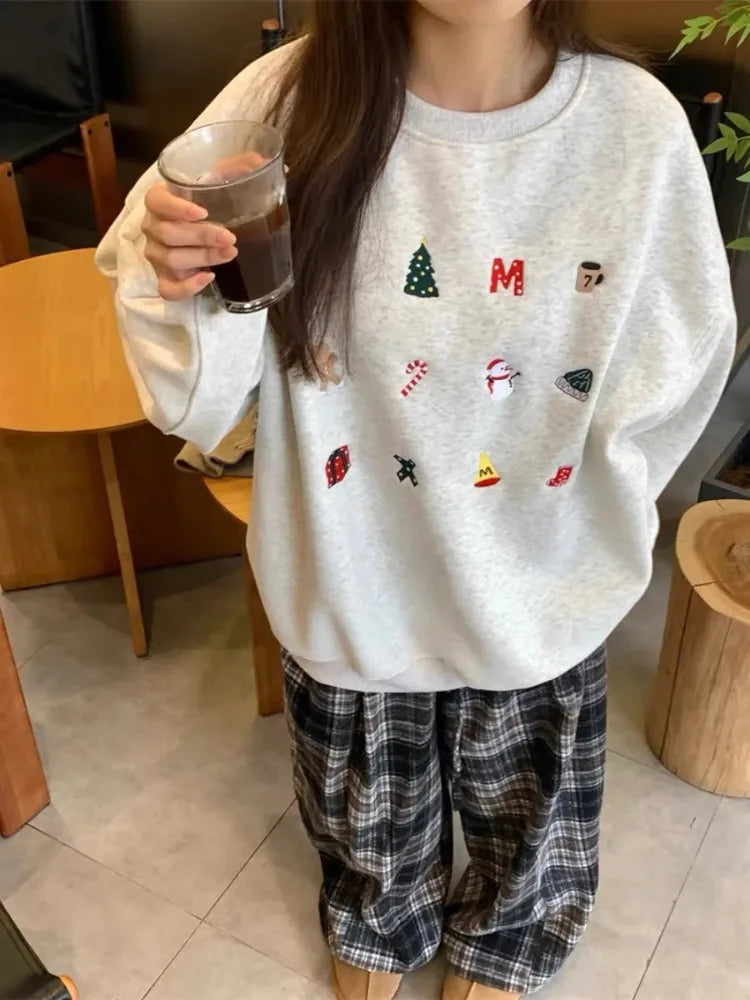 Snowman Graphic Print Hoodie Christmas Kawaii Oversized Sweatshirts Long Sleeve Cutecore Winter Clothes New