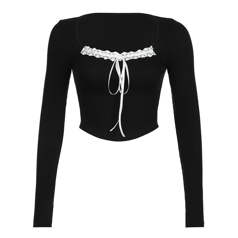 Sweet Fairy Style ��s Tops Autumn Long Sleeve Slim Knitted Bowknot Lace Trim Square Collar Blouses
