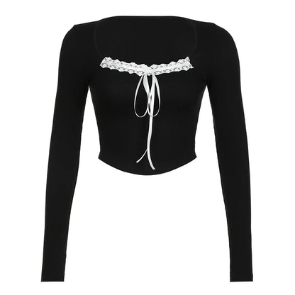 Sweet Fairy Style ��s Tops Autumn Long Sleeve Slim Knitted Bowknot Lace Trim Square Collar Blouses