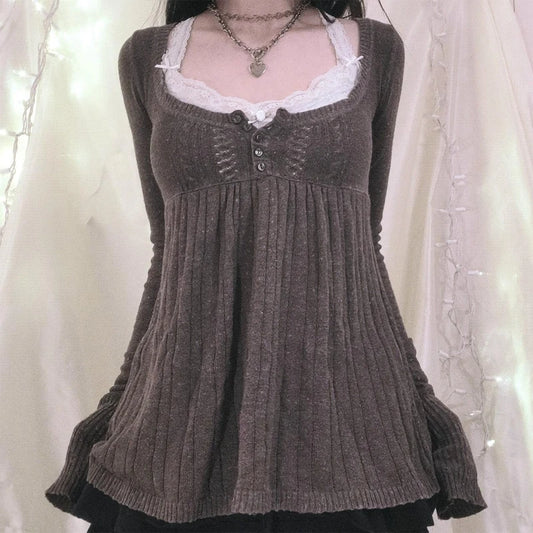 2000s Long Sleeve Babydoll Knitted Sweater Tops Cottage Milkmaid Pullovers Aesthetic Grunge Y2k Knitwear T-shirts