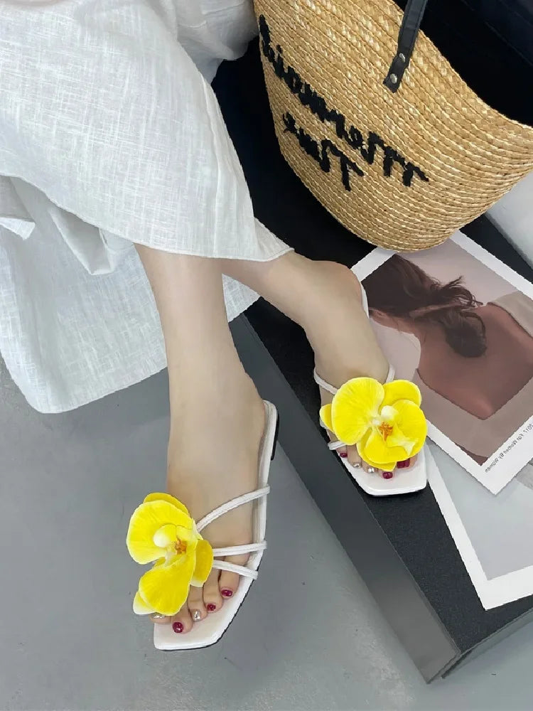 Summer Flower Narrown Band Low Heels Slippers Square Toe Beach Shoes Size 3543