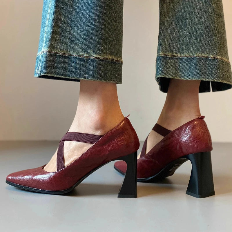 Comfortable Crosstied Chunky Heel Pumps Square Toe Shallow Mouth Sandals Office Brand Shoes Tacones Mujer