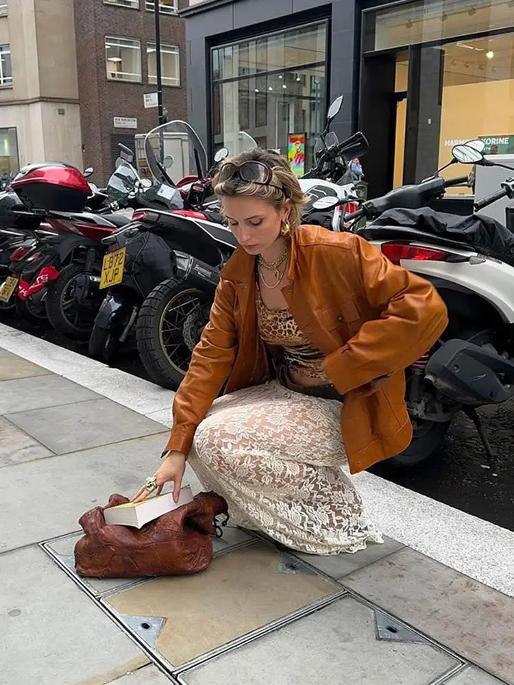 Single Breasted Leather Jacket Lapel Neck Long Sleeved Coats Autumn Ins Lady High Street Outerwear