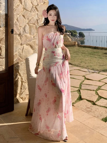 Sweet Print Long Dresses for Strapless Sleeveless Evening Party Dress New Holiday Beach Vestidos