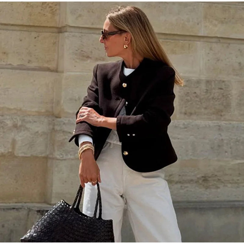 O-neck Plush Short Coats Retro Slim Fit Single Breasted Jackets Female New Spring Office Outwear