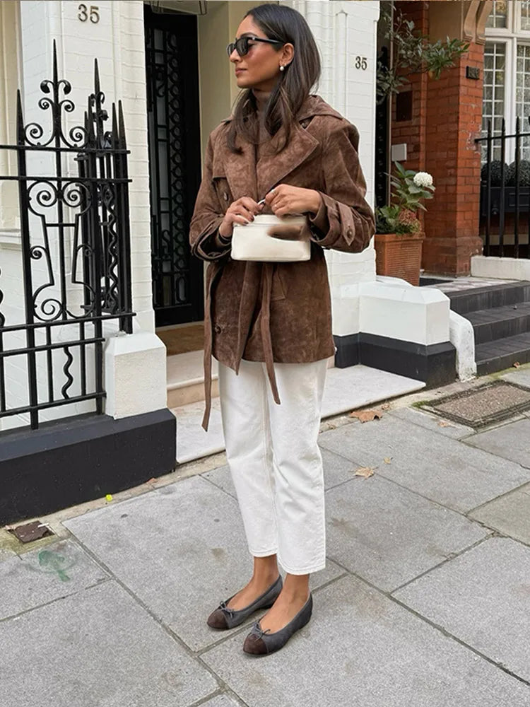 Autumn Lace Up Lapel Collar Suede Jacket Retro Double Breasted Long Sleeve Coat Lady Windbreaker