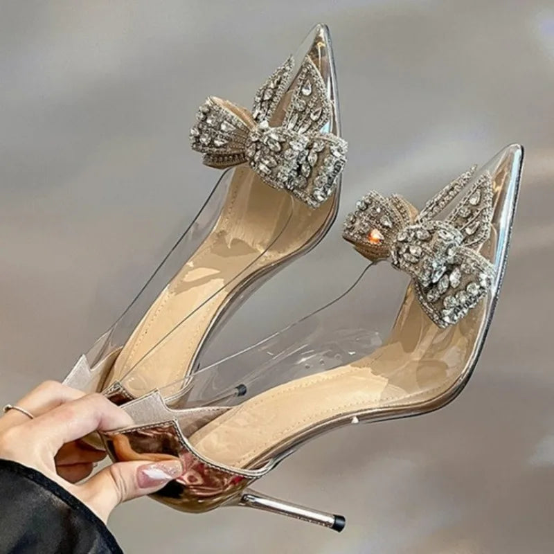 Pointed Crystal Fairy Wind Sandals Rhinestone Butterflyknot Transparent High Heel Pumps Dress Shoes