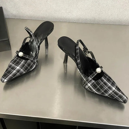 Pointed Toe Retro Plaid High Heels Slingbacks Shoes Pumps Office Dress Shoes Sandalias De Mujer