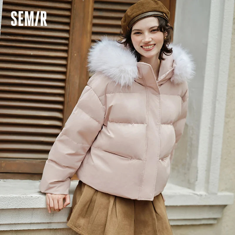 Down Jacket Fur Collar Hooded Warm Simple Versatile New Winter Waterproof Windproof Loose Bread Coat