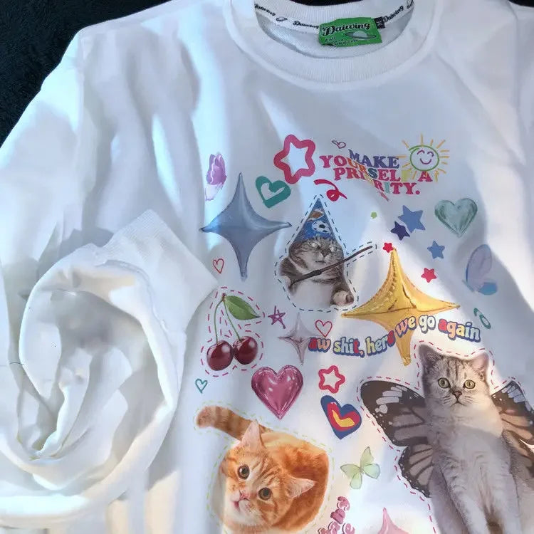 Kawaii Cat Print Hoodie Cutecore Long Sleeve Sweatshirt American Retro Egirl Kitten Angel Graphic Alt Clothes Y2k