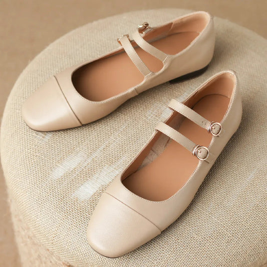 Cow Leather Round Toe Double Metal Buckle Round Toe Mary Jane Flats Leisure Soft Comfortable Ballerinas Shoes Hot
