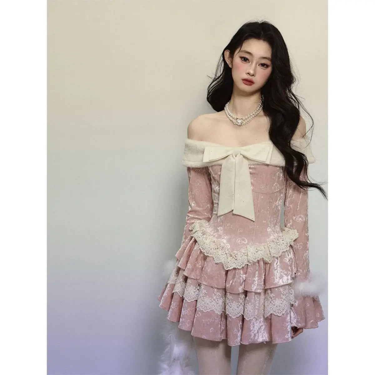 Off Shoulder Long Sleeve Butterfly Knot Velvet Pink Dress for Winter New Retro Waist Slimming Lace Cake Mini Dress